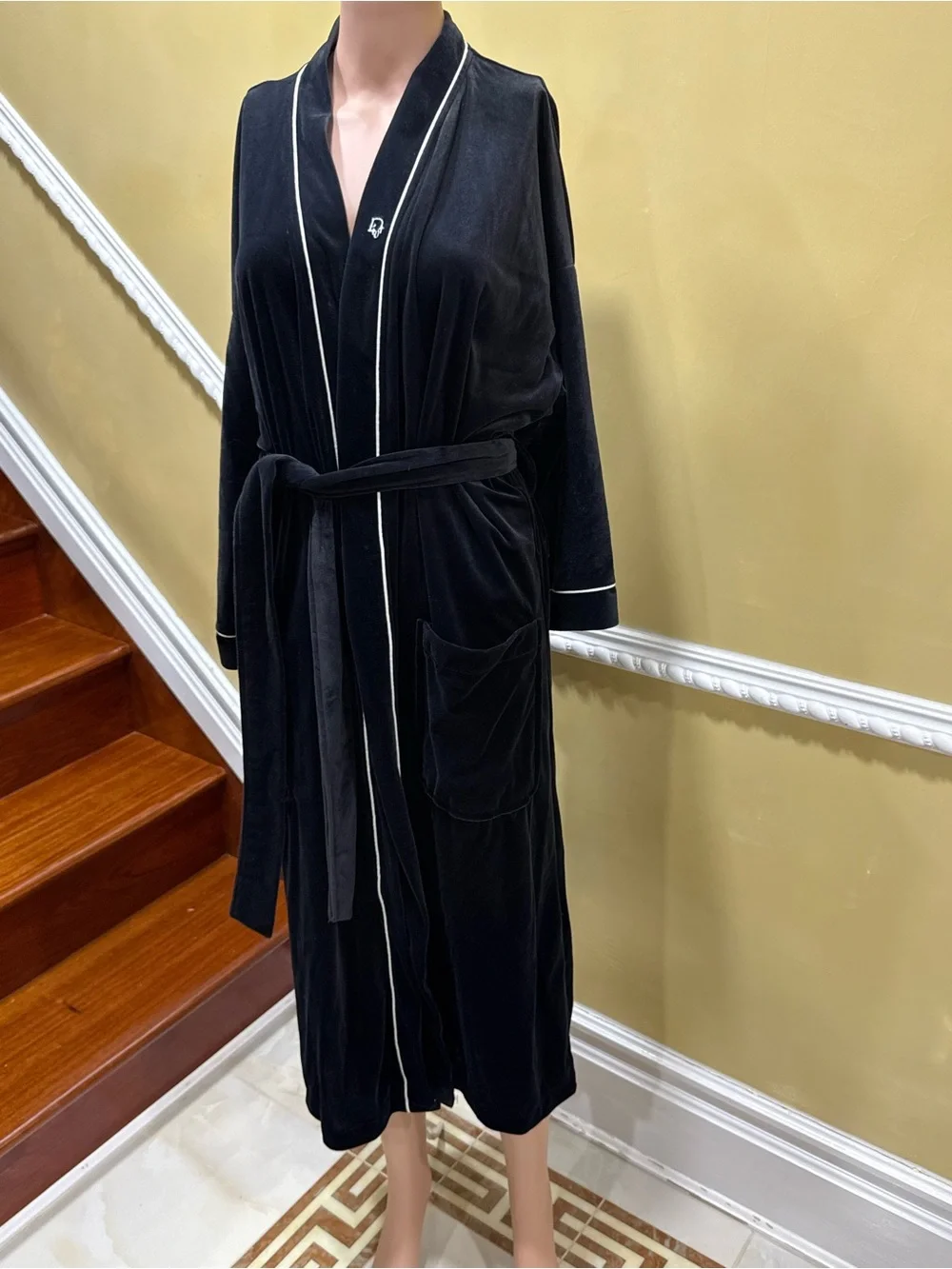 Dior Black Velvet Robe with White Piping